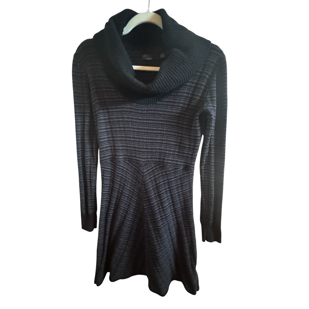 PrAna Monica Small Cowl Neck Black Gray Knit Chevron Stripe Long Sleeve Dress